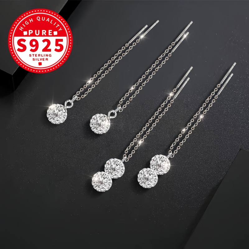 Women's S925 Silver Shambala Ball Double Chain Ear Threads, Elegant Gift